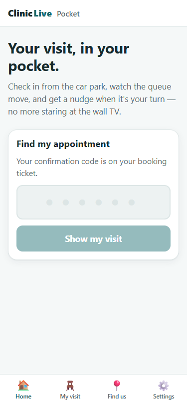 Home in a browser at phone width: the same hero and code card, light theme, bottom tab bar