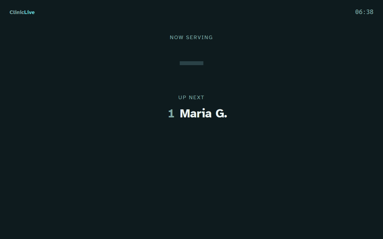 Season two's waiting-room board on its dark signage palette: NOW SERVING above an empty placeholder bar, then UP NEXT with a single entry, '1 Maria G.', and a small clock reading 06:38 in the top-right corner.