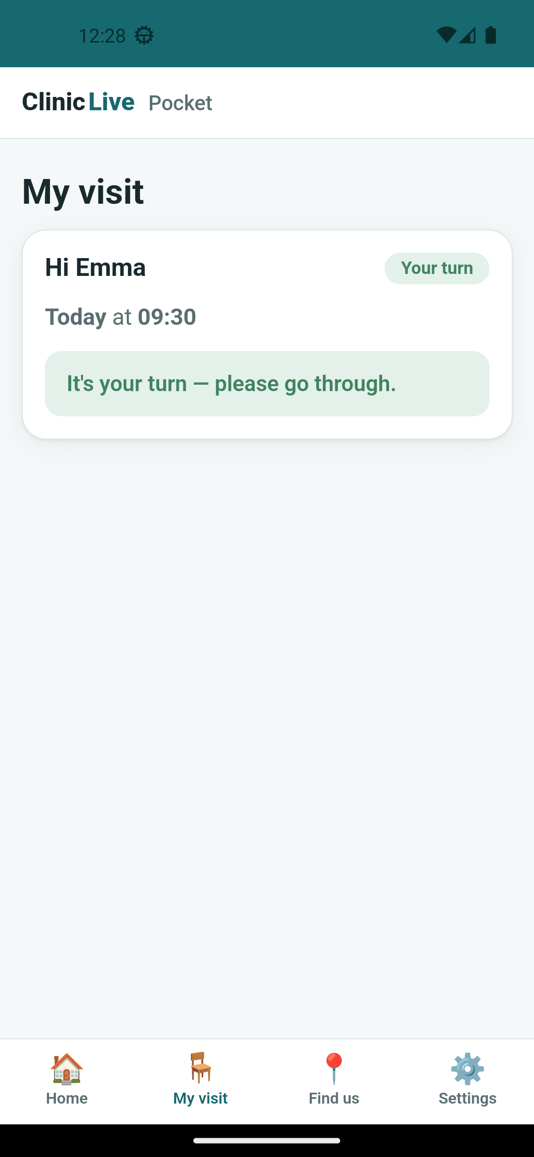 The same screen for Emma with no pill: the server is back and the connection recovered