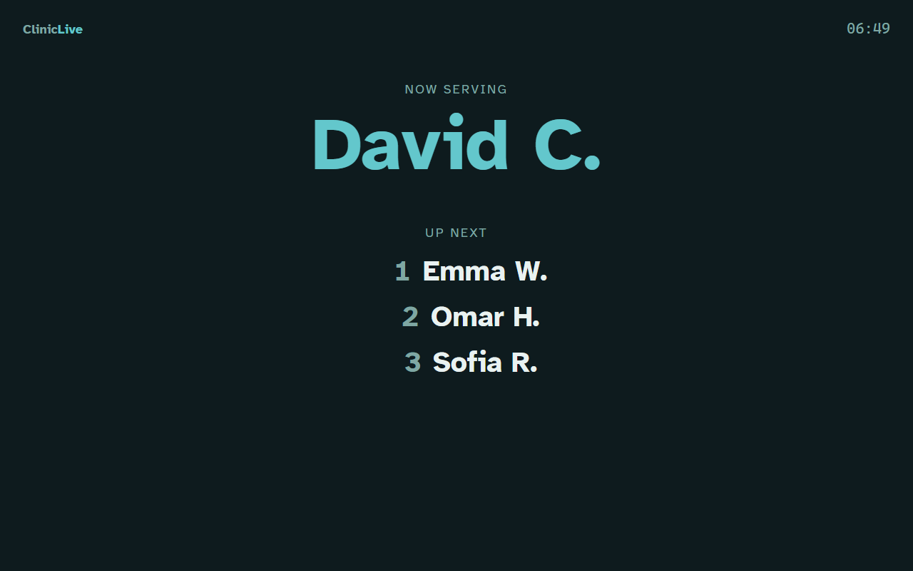 The clinic's waiting-room board at the same moment: NOW SERVING David C. in very large teal type, then UP NEXT listing 1 Emma W., 2 Omar H., 3 Sofia R.; clock 06:49.