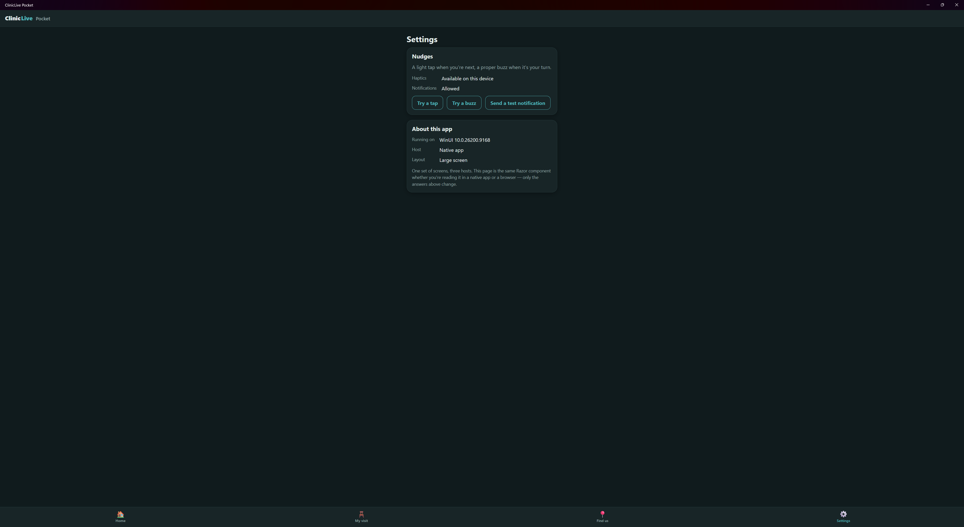 The same Settings page maximized on a 4K display after tapping Send a test notification: Notifications now reads 'Allowed', everything else is identical, and there is no toast anywhere on the screen — the bottom-right corner where Windows shows notifications is empty.