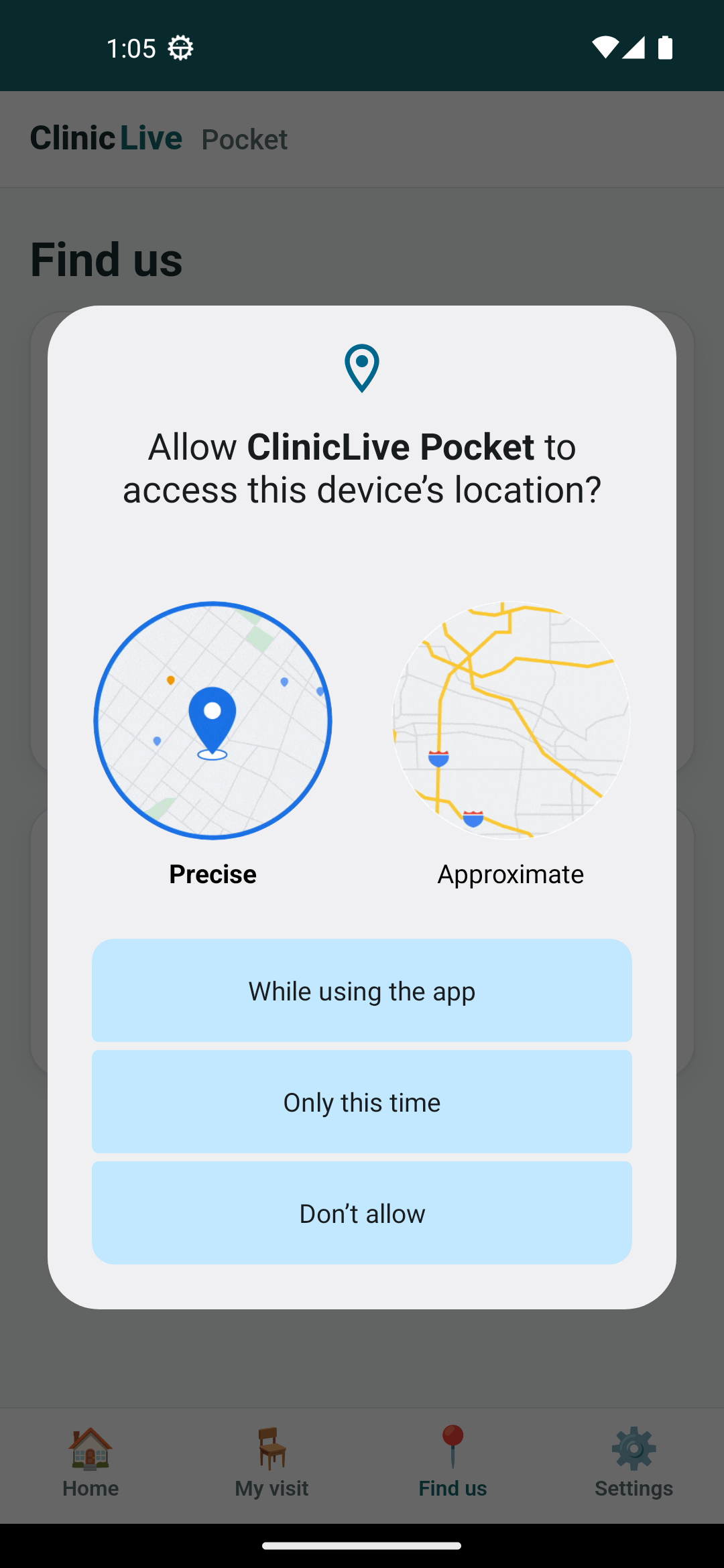 Android's location dialog with Precise and Approximate options over the Find us page