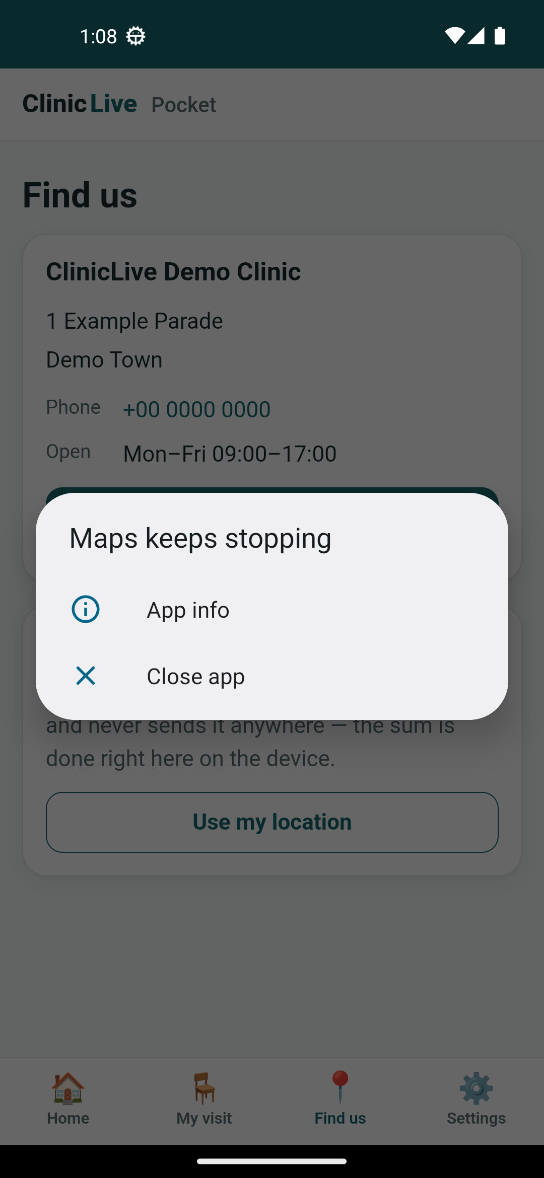 An Android system dialog reading 'Maps keeps stopping' with App info and Close app options, over the Find us page