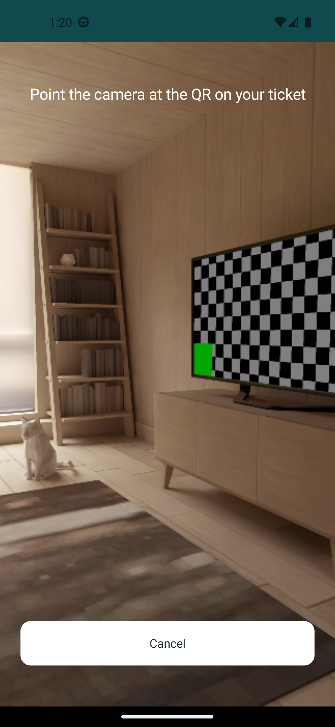 The native scanner page on the emulator: a live camera view of the emulator's virtual room — a bookshelf, a low-poly cat, a TV showing a checkerboard — with 'Point the camera at the QR on your ticket' and a Cancel button