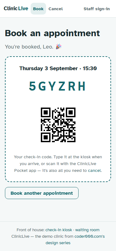 The clinic website's booking ticket for Leo: Thursday 3 September at 15:30, the code 5GYZRH in large letters, a QR code on a white tile and copy inviting a scan with the Pocket app