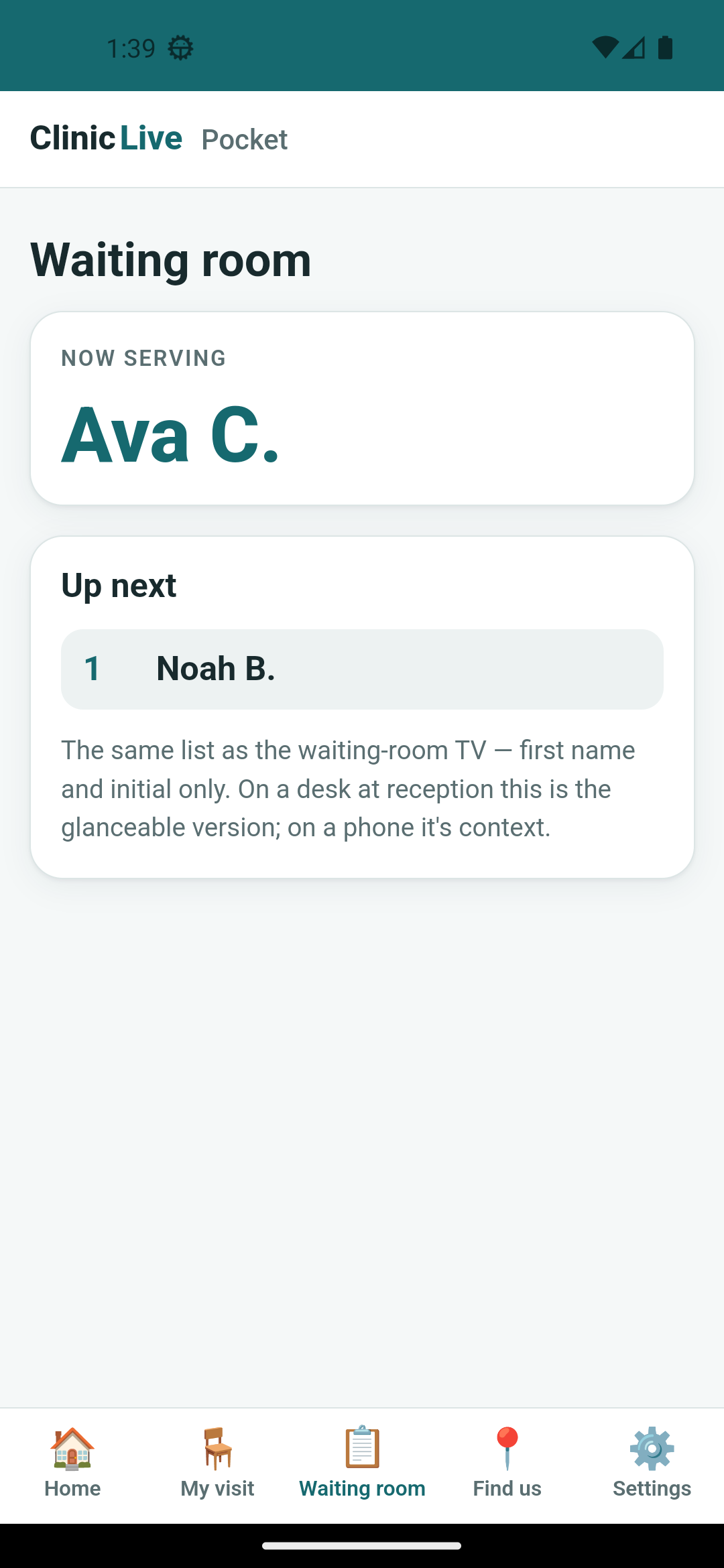The same Waiting room page on the Android emulator, light theme, with a five-tab bar at the bottom — Home, My visit, Waiting room, Find us, Settings — and the Waiting room tab active.