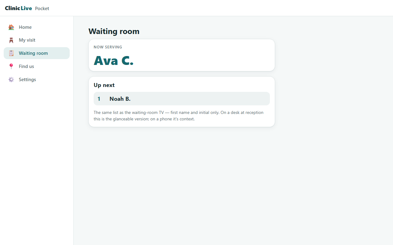 The web host in a browser at 1280 pixels, light theme: the same Waiting room page with the side rail on the left and the queue cards in the content column.