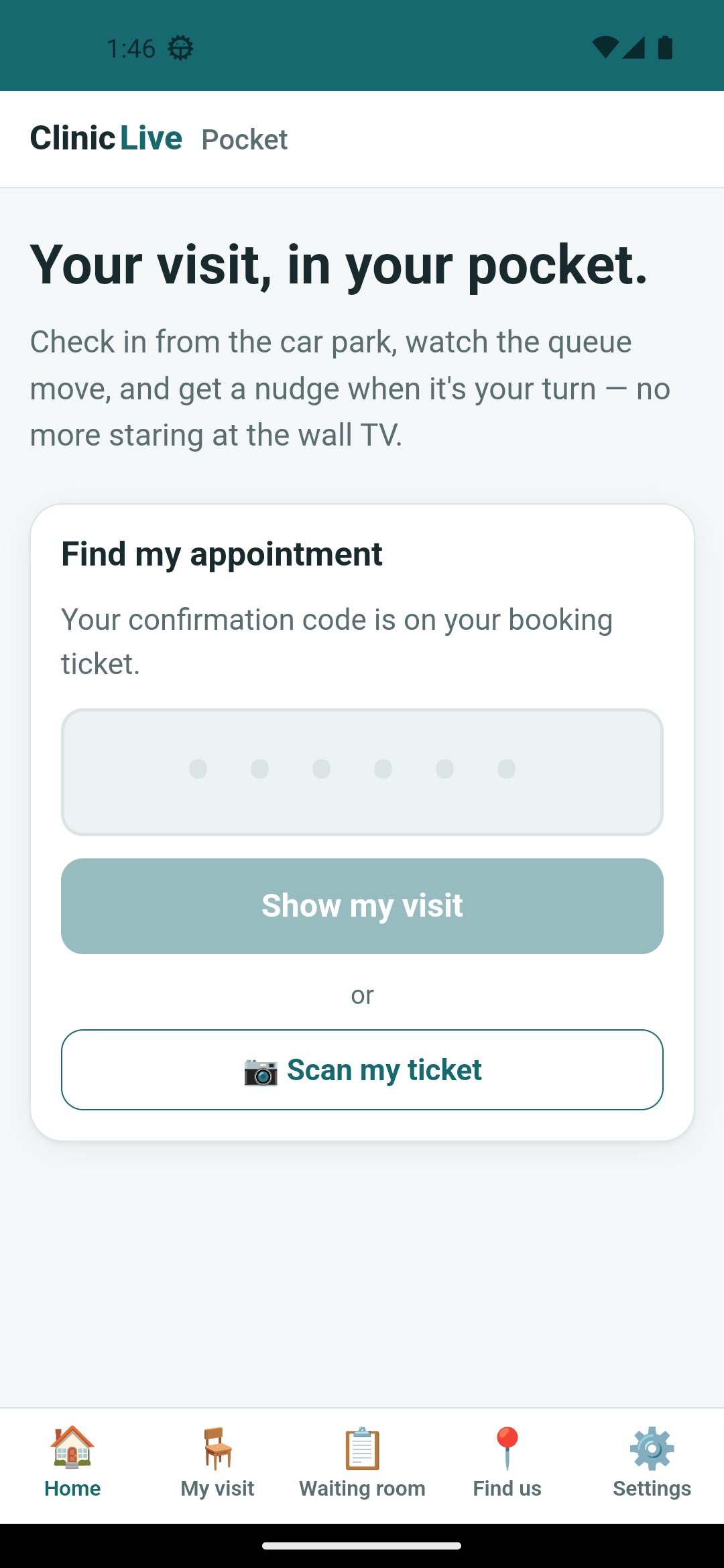 The signed release build running on the Android emulator: the Home screen with the 'Your visit, in your pocket' hero, the 'Find my appointment' card with its six-dot code field, a 'Scan my ticket' button, and five tabs along the bottom.