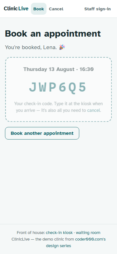 The booking confirmation as a ticket: dashed border, appointment day and time, and a large monospaced confirmation code