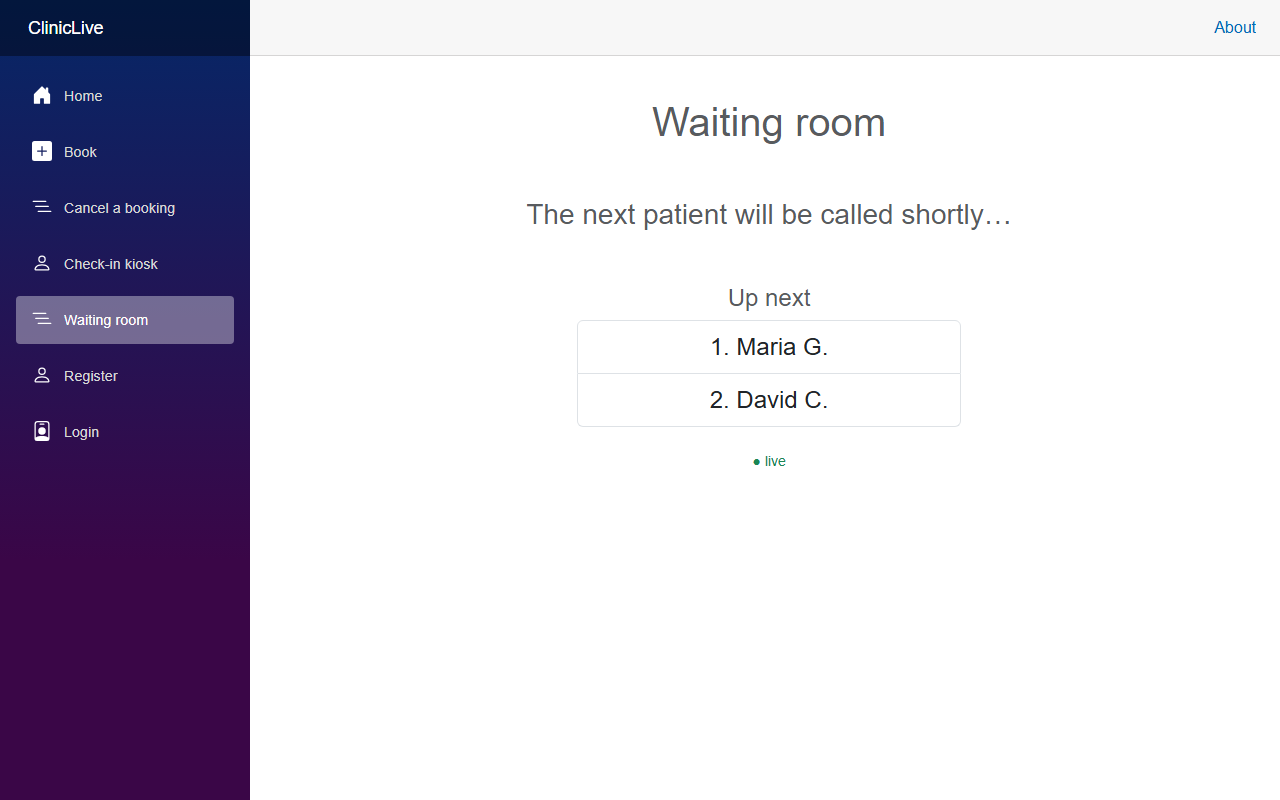 The waiting-room board in the old template: the left third is a purple gradient app sidebar with Home, Book, Cancel a booking, Check-in kiosk, Waiting room, Register and Login links; the board content — 'Waiting room', 'The next patient will be called shortly…' and an Up next list with two names — sits in small black text on white.