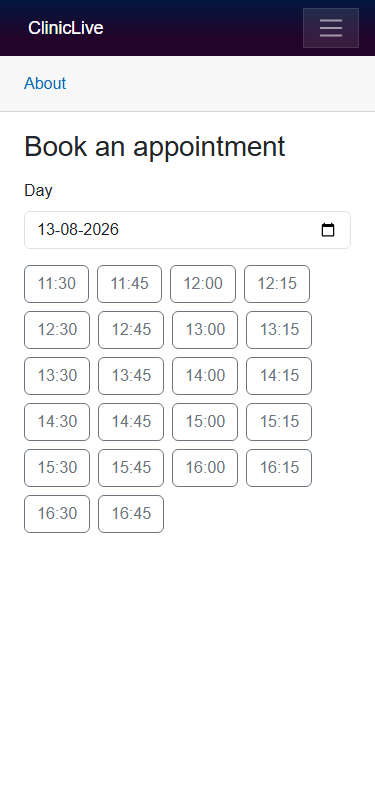 The booking page at 375px in the old template: a purple top bar with a hamburger menu, an About link, a 'Book an appointment' heading, a date field, and twenty-two identical small time buttons from 11:30 to 16:45 in a four-column grid.