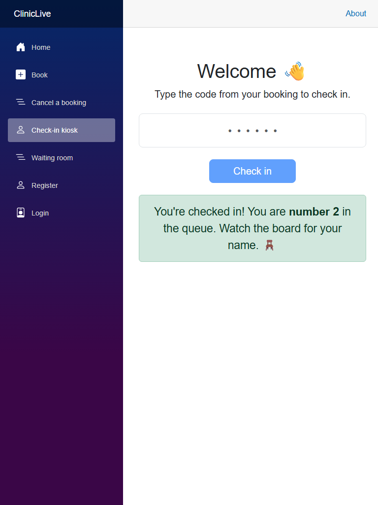 The check-in kiosk in the old template: purple gradient sidebar with Home, Book, Cancel a booking, Check-in kiosk, Waiting room, Register and Login links; a 'Welcome' heading with a waving-hand emoji, a wide dotted code input, a blue Check in button, and a green alert reading 'You're checked in! You are number 2 in the queue. Watch the board for your name.'