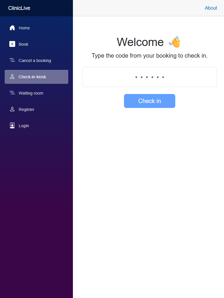 The kiosk before the redesign: a normal-sized text input and default button on a plain page with the app's regular navigation around it