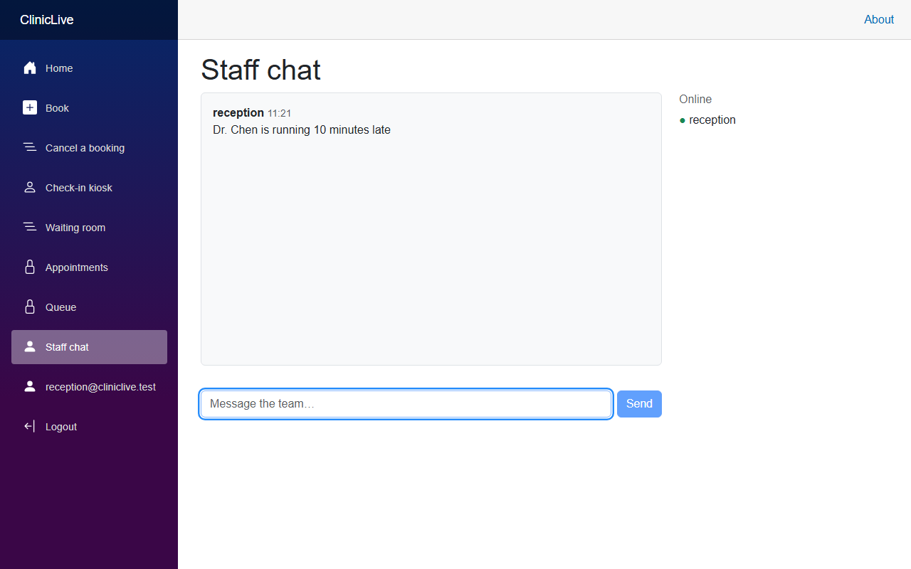 Staff chat before the redesign: messages as plain stacked text lines with sender and timestamp inline, above an unstyled input and button