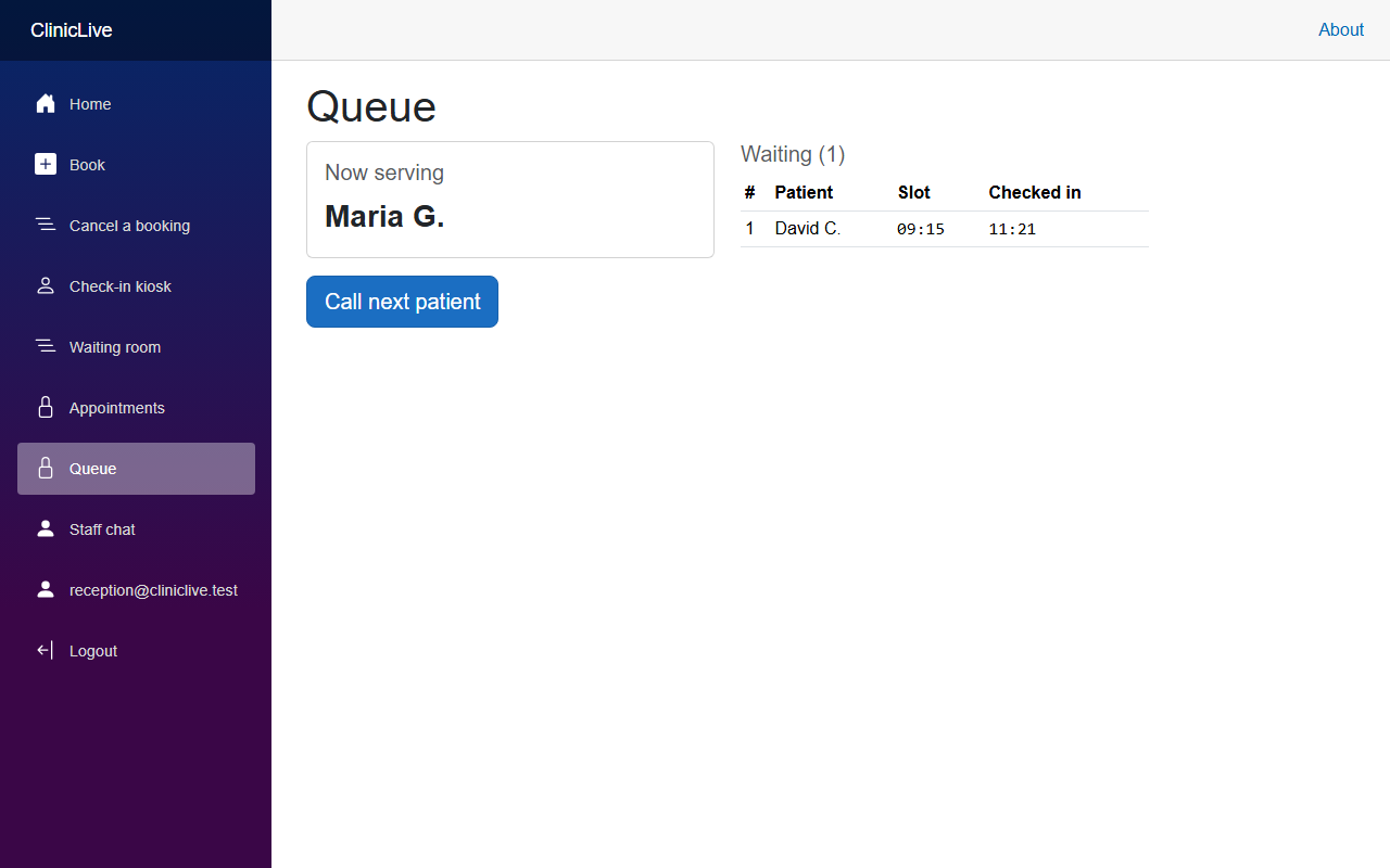 The staff queue before the redesign: a default-styled table with a checked-in-at timestamp column, a plain now-serving line and an ordinary call-next button