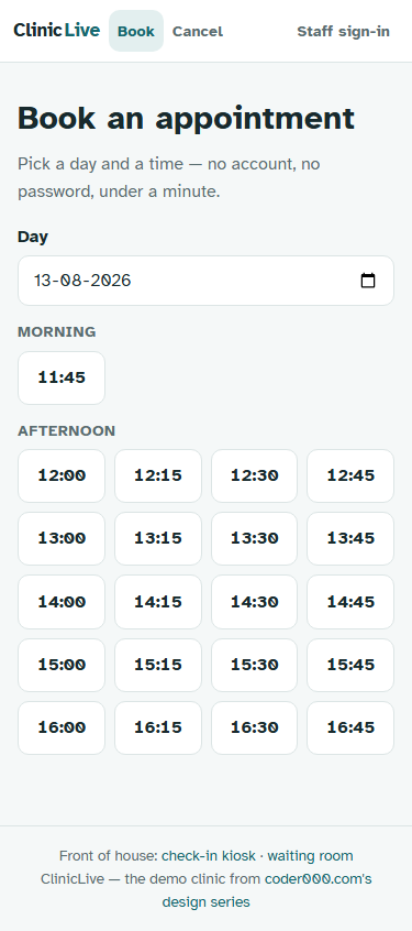 The redesigned booking page on a phone: slots grouped under quiet MORNING and AFTERNOON labels, four wide tap targets per row with tabular numerals, the selected slot filled in petrol