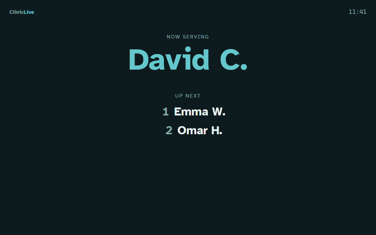 The redesigned board: a permanent dark teal palette with the ClinicLive brand and a live clock at the top, NOW SERVING as a quiet label above an enormous cyan patient name, and a numbered up-next list in large type
