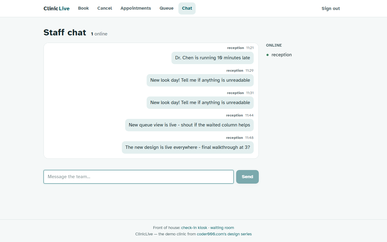 Staff chat after the redesign: message bubbles with the current user's messages right-aligned in soft petrol, small meta lines above each bubble, and an online sidebar with green presence dots