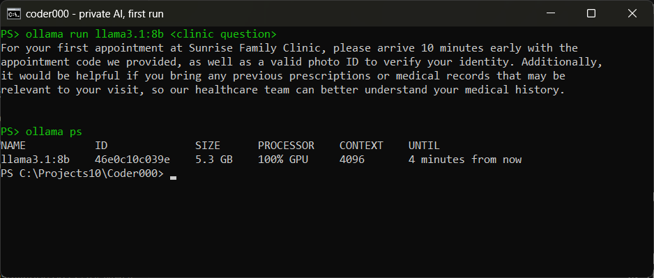 A console window titled 'coder000 - private AI, first run'. The command 'ollama run llama3.1:8b' with a clinic question, then the model's four-line answer telling a patient to arrive ten minutes early with the appointment code, a photo ID and previous prescriptions or medical records. Below it 'ollama ps' shows llama3.1:8b, 5.3 GB, 100% GPU, context 4096.