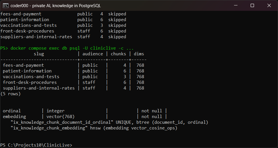 A console window: the ingest command's second run listing five documents, three public and two staff, each marked skipped; then a psql query showing slug, audience, chunk count and dims: fees-and-payment 4, patient-information 6, vaccinations-and-tests 3, front-desk-procedures 6, suppliers-and-internal-rates 4, all 768 dimensions; then the knowledge_chunk table's embedding column as vector(768), a unique index on document_id and ordinal, and an hnsw index on embedding with vector_cosine_ops.