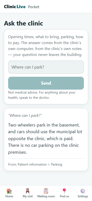 The Pocket app's Ask the clinic screen at phone size: an explanation that answers come from the clinic's own computer and never leave the building, the question 'Where can I park?' in the box, a Send button, a 'Not medical advice' note, and the answer card: Two-wheelers park in the basement, and cars should use the municipal lot opposite the clinic, which is paid. There is no car parking on the clinic premises. From: Patient information > Parking. The tab bar shows Home, My visit, Waiting room, Find us, Settings.